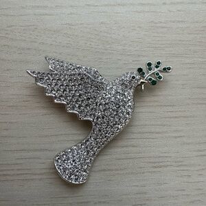 Vintage Avon Dove of Peace Brooch – Rhinestone Bird Pin with Green Accents